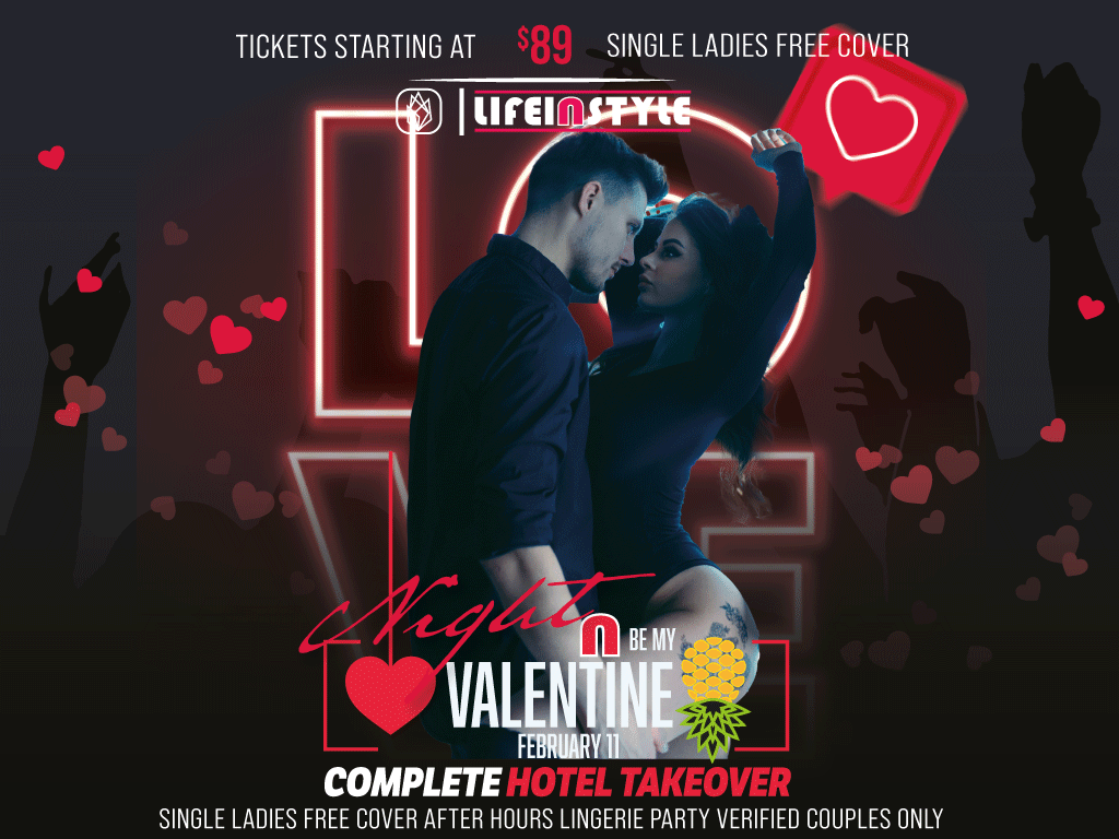 image of a swinger couple wearing black clothes image reads 'lifeinstyletickets starting at $89 single ladies free cover be my valentine night february 11 complete hotel takeover' lifesintyle st louis