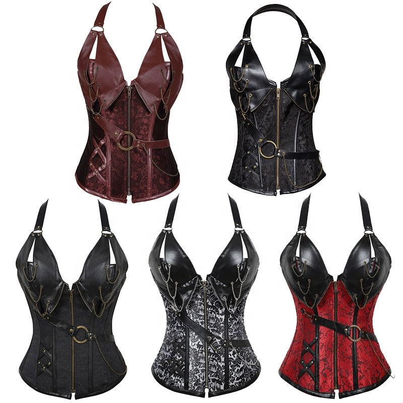 Thumbnail: Sexy Deep V-neck Gothic Corset Top Leather Suspender Plus Size Corset Lingerie 