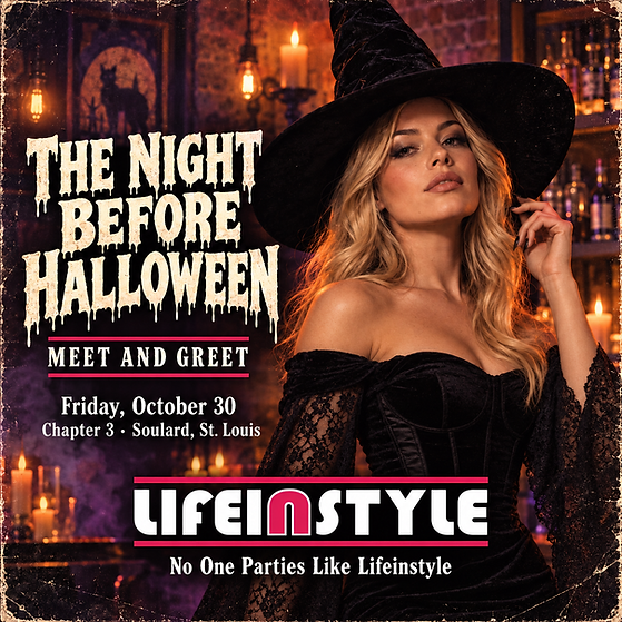The Night Before Halloween Meet and Greet poster: glamorous witch in a black velvet hat at Chapter 3 bar in Soulard, St. Louis, Friday October 30, hosted by Lifeinstyle STL couples community