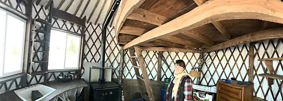 nomad shelter alaskan yurt rustic home interior with smiling resident
