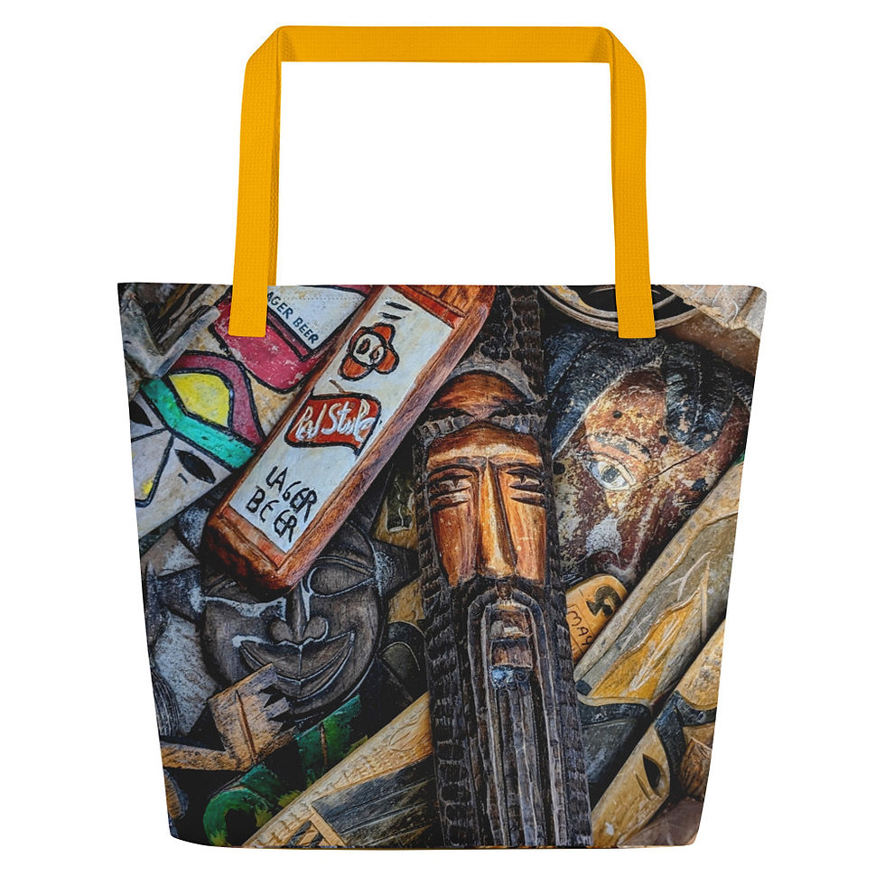 Thumbnail: Large polyester Jamaican cultural art tote bag with mural print and gold straps, machine washable with interior pockets.