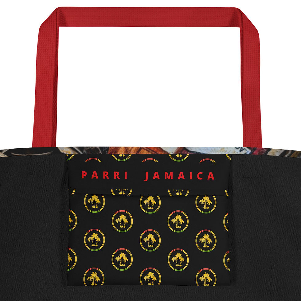 Thumbnail: Large polyester Jamaican cultural art tote bag with mural print and gold straps, machine washable with interior pockets.