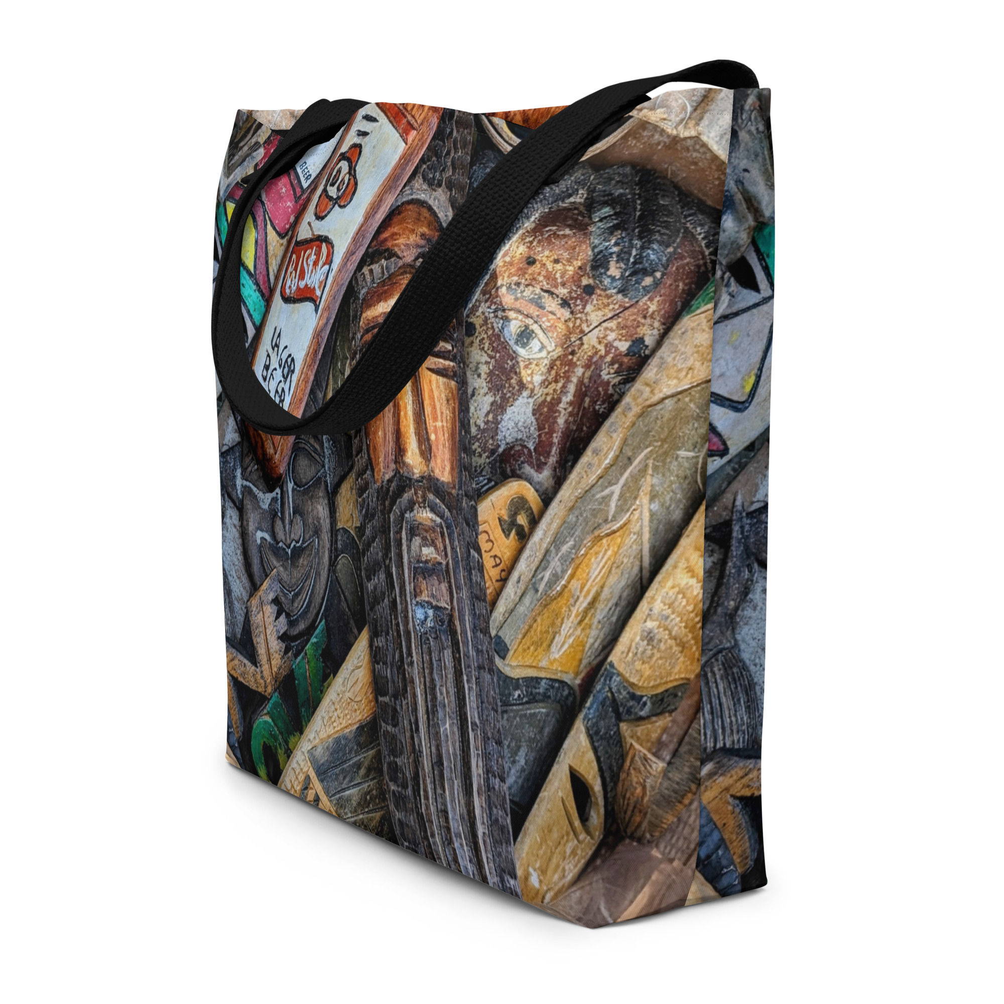 Large polyester Jamaican cultural art tote bag with mural-inspired print and black straps, machine washable with interior poc