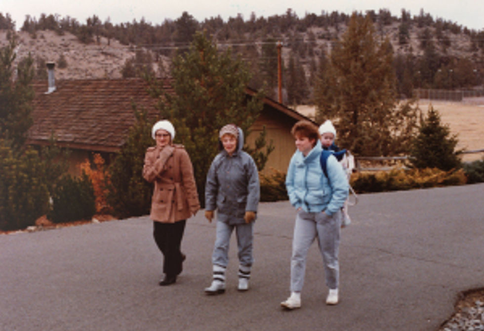 The "Mom's" on a walk: Sugar, Baba, Joan, and Ryan.