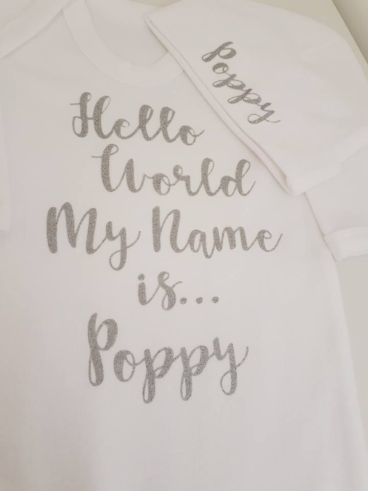 Thumbnail: WHITE SLEEPSUIT AND HAT SETS HELLO WORLD MY NAME IS...