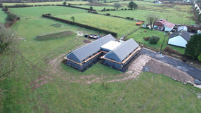 Aerial view of ICF-built bungalow showing insulated concrete form construction and site layout