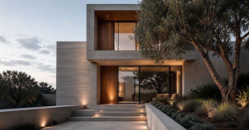 Contemporary Alvora-style home combining exposed concrete, timber detailing and floor-to-ceiling glazing