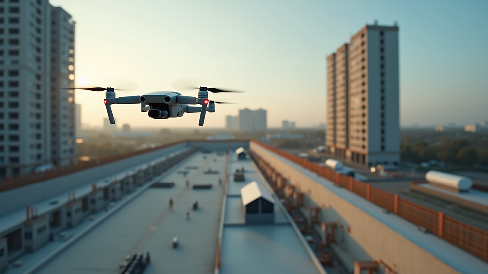 Eye-level view of drone flying over a commercial roof under construction