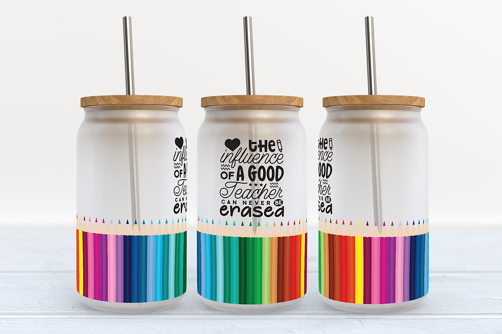 Thumbnail: Glass tumbler wrapped in colorful rainbow pencils with the quote “The influence of a good teacher can never be erased