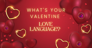 Heart balloons on a red background with text "What's Your Valentine Love Language?" in glowing yellow. Romantic theme with scattered hearts.
