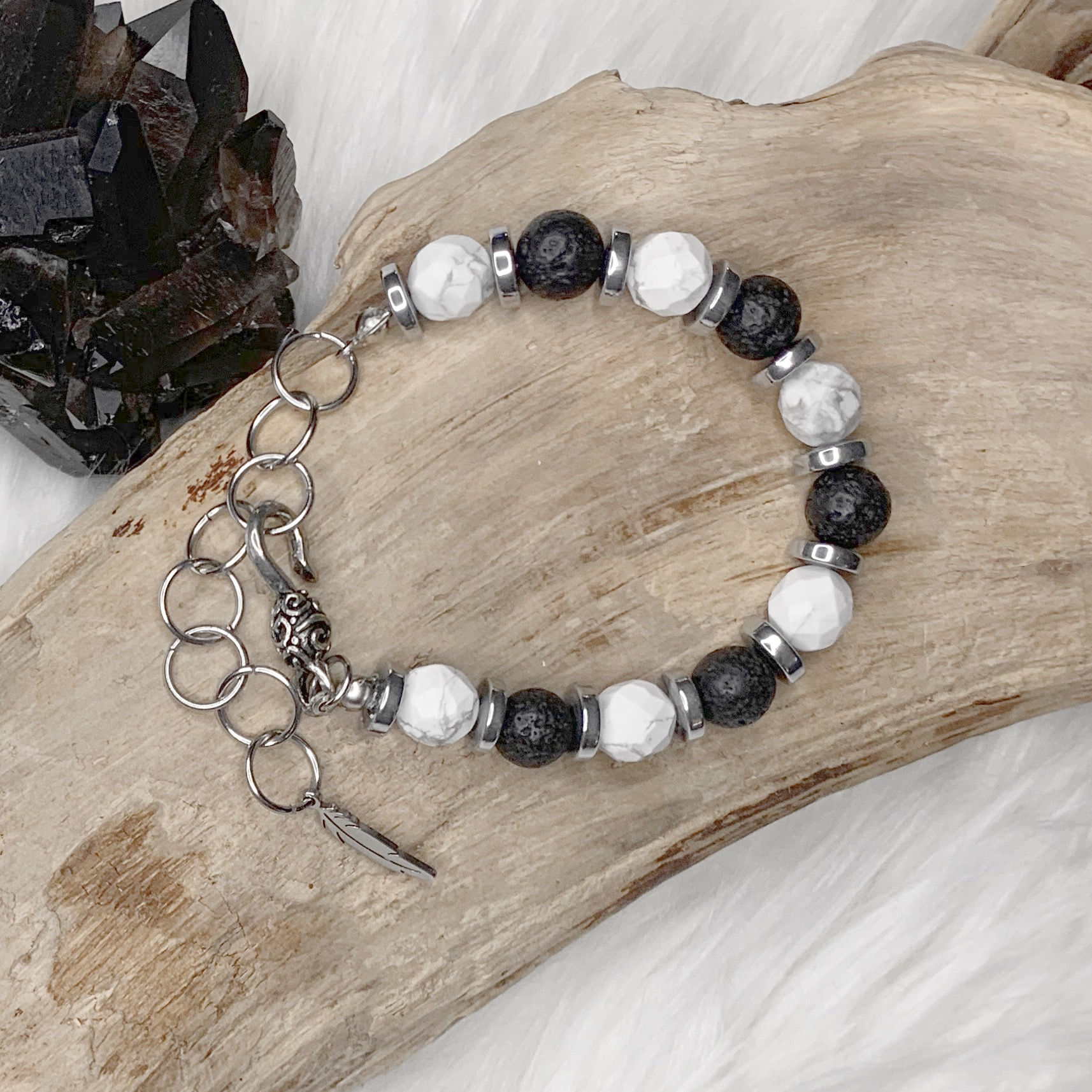 B143. Hematite, Howlite, and Lava Rock Bracelet