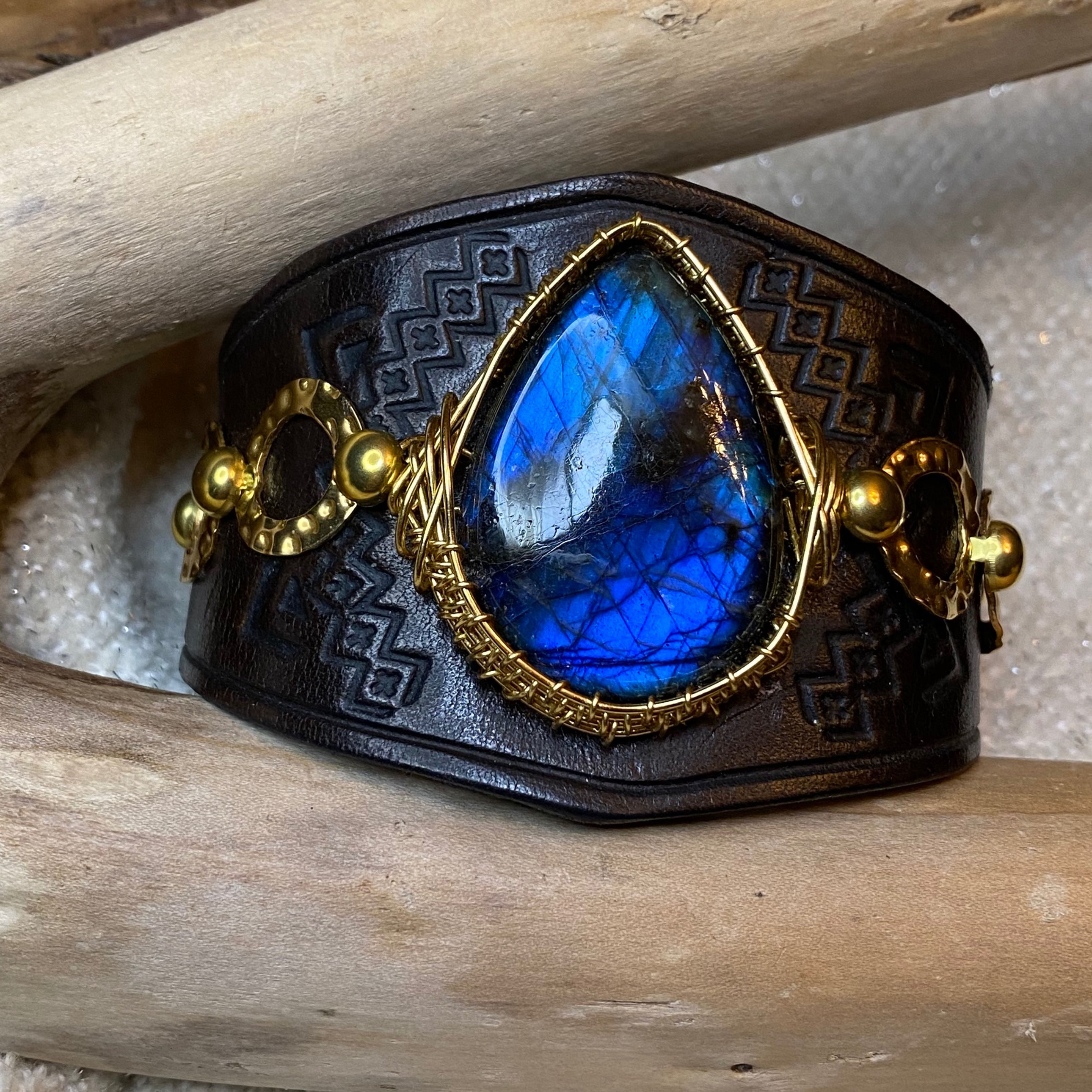 B209. Flashy Blue Labradorite Leather Cuff Bracelet in Gold