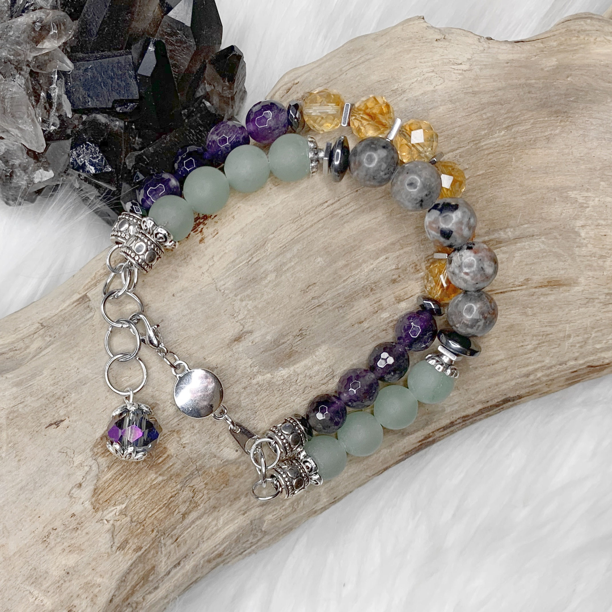 B164. Amethyst, Aventurine, Citrine, Hematite, and Yooperlite Double Bracelet