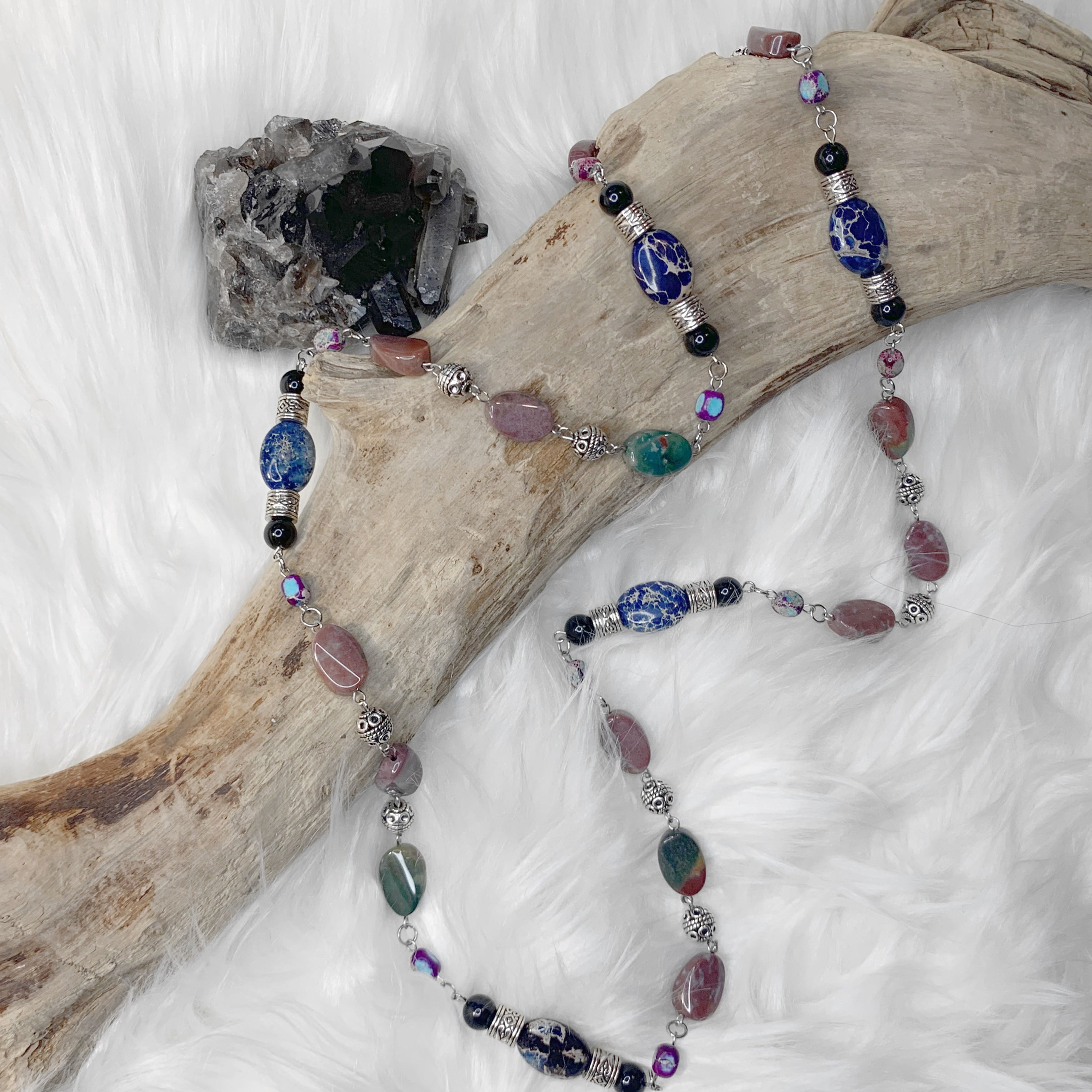 N026. Black Obsidian, Imperial/Sea Sediment Jasper, and Ocean Jasper Necklace