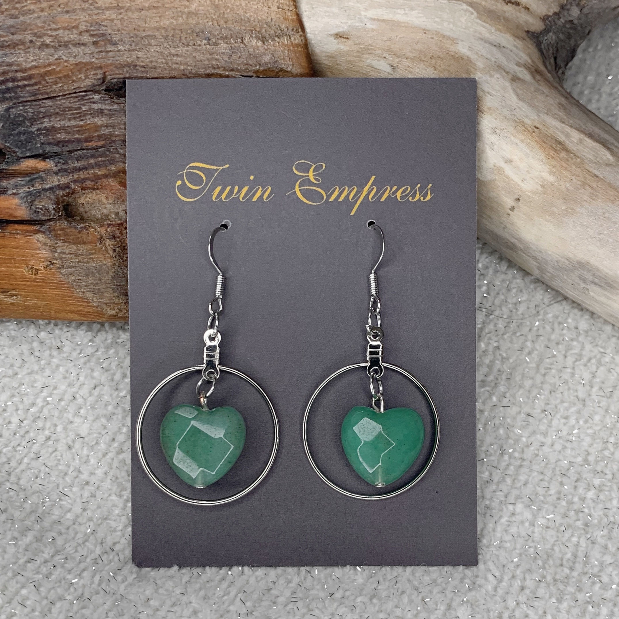 E128. Green Aventurine Faceted Heart Earrings