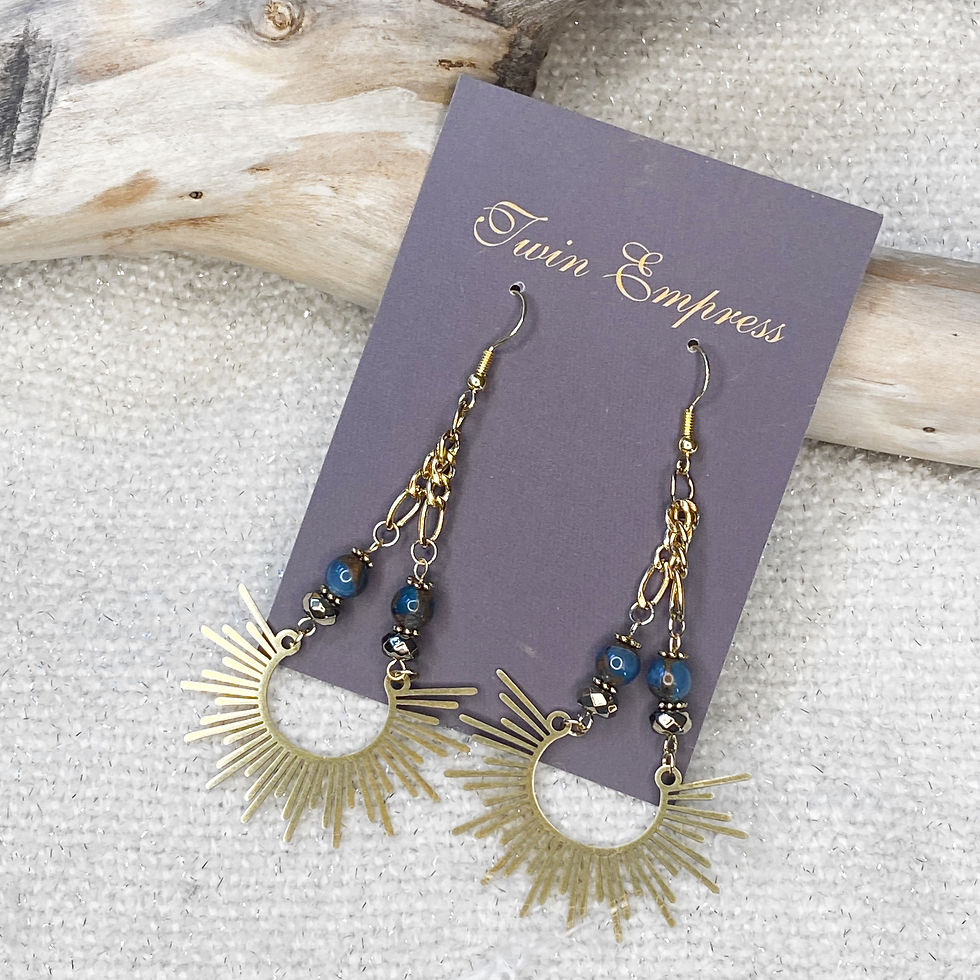 Thumbnail: E190. Gold Hematite and Lake Blue and Gold Cloisonné Sunburst Earrings