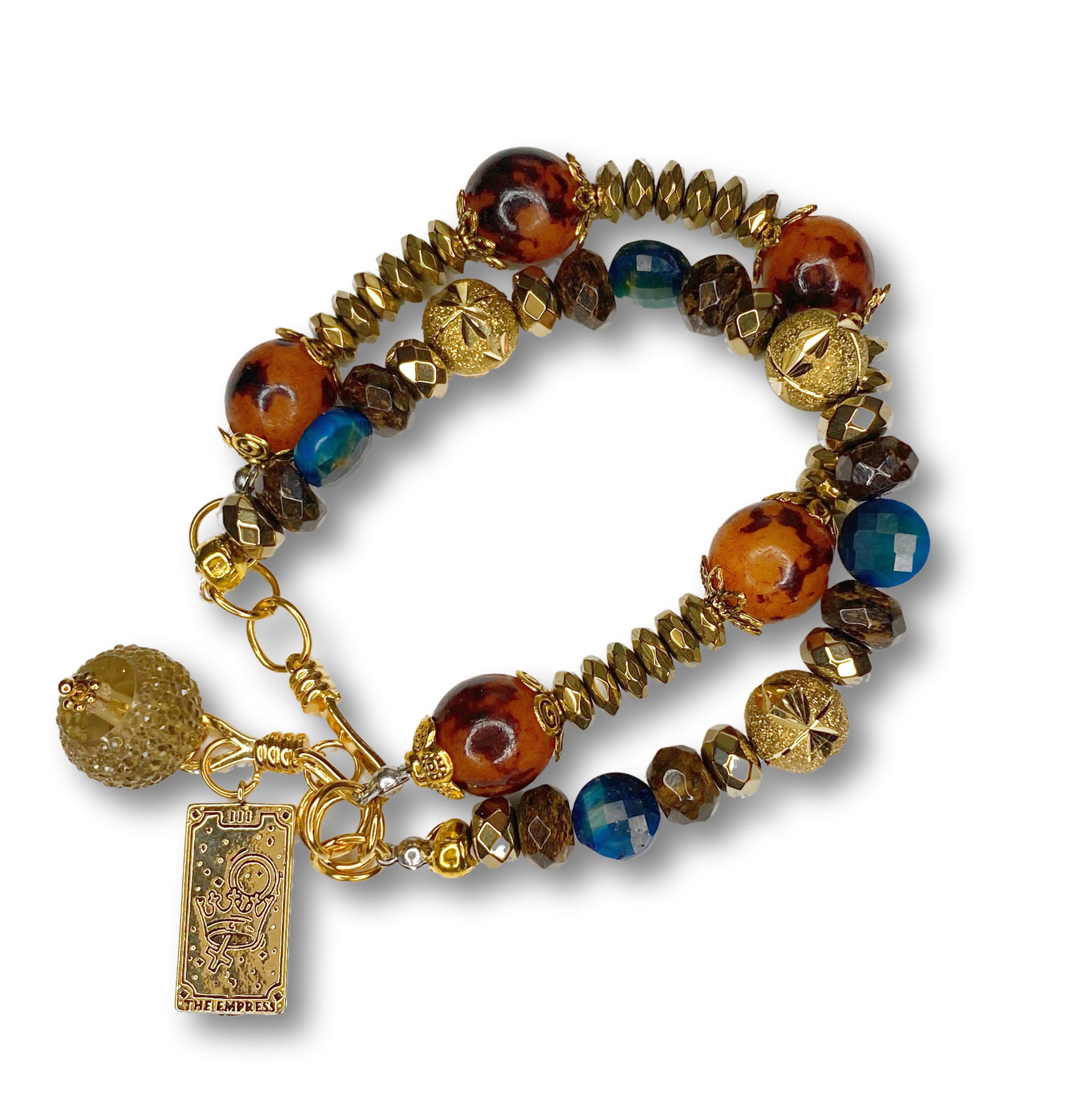 B029. Bronzite, Hematite, Mystic Blue Tiger’s Eye and Pyrite Double Bracelet