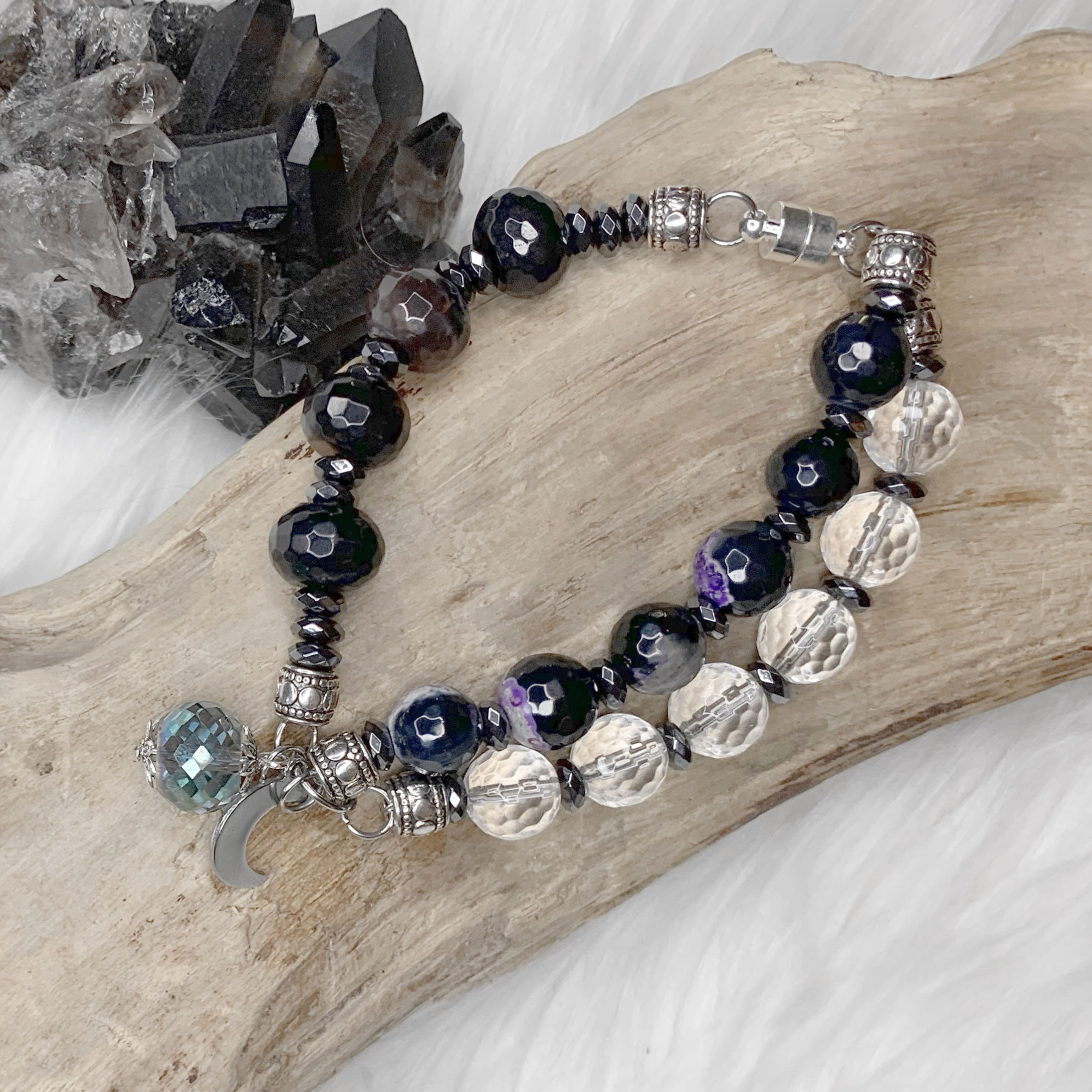 B170. Agate, Clear Quartz, Hematite, and Purple Fire Agate Bracelet