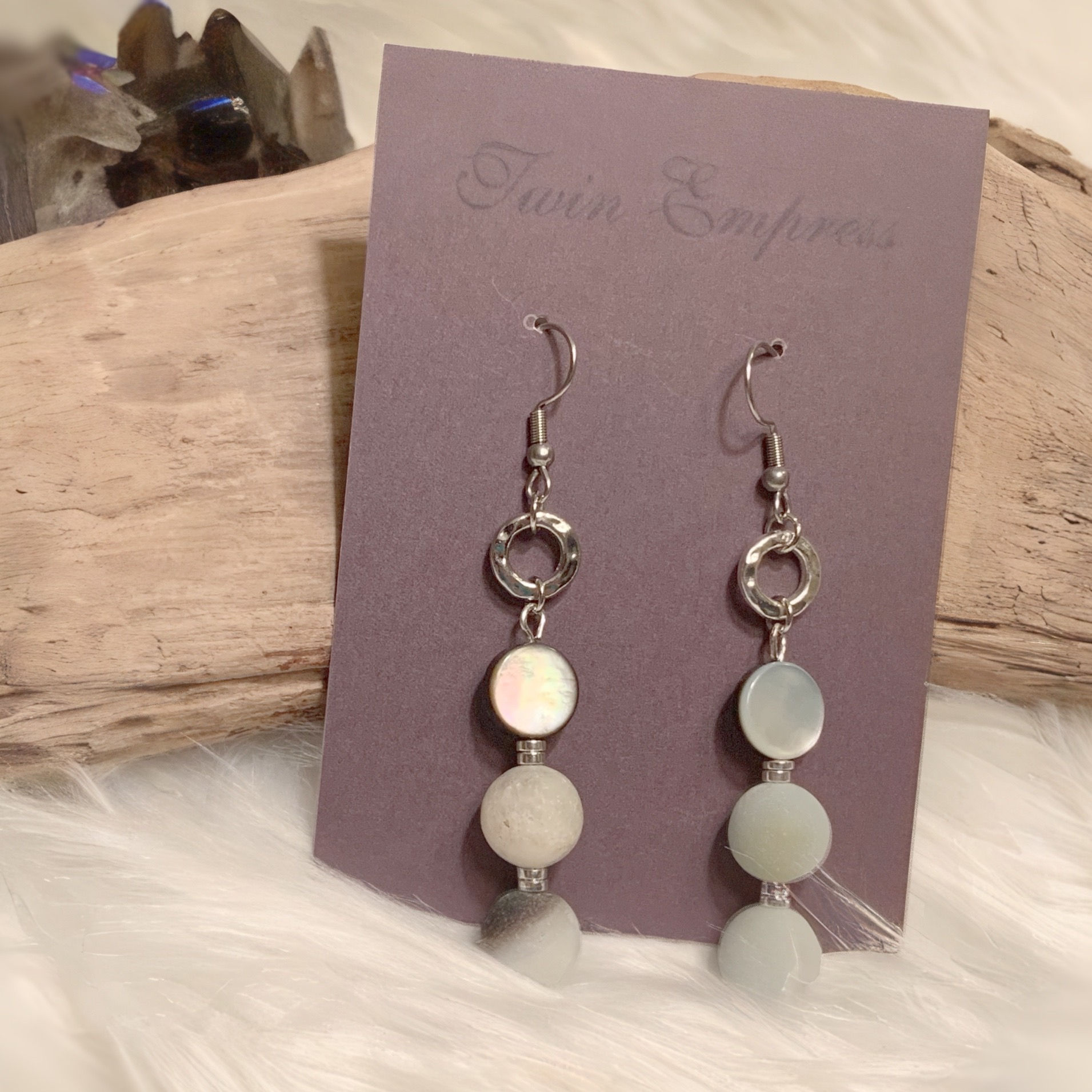 E206. Amazonite, Hematite, and Shell Earrings