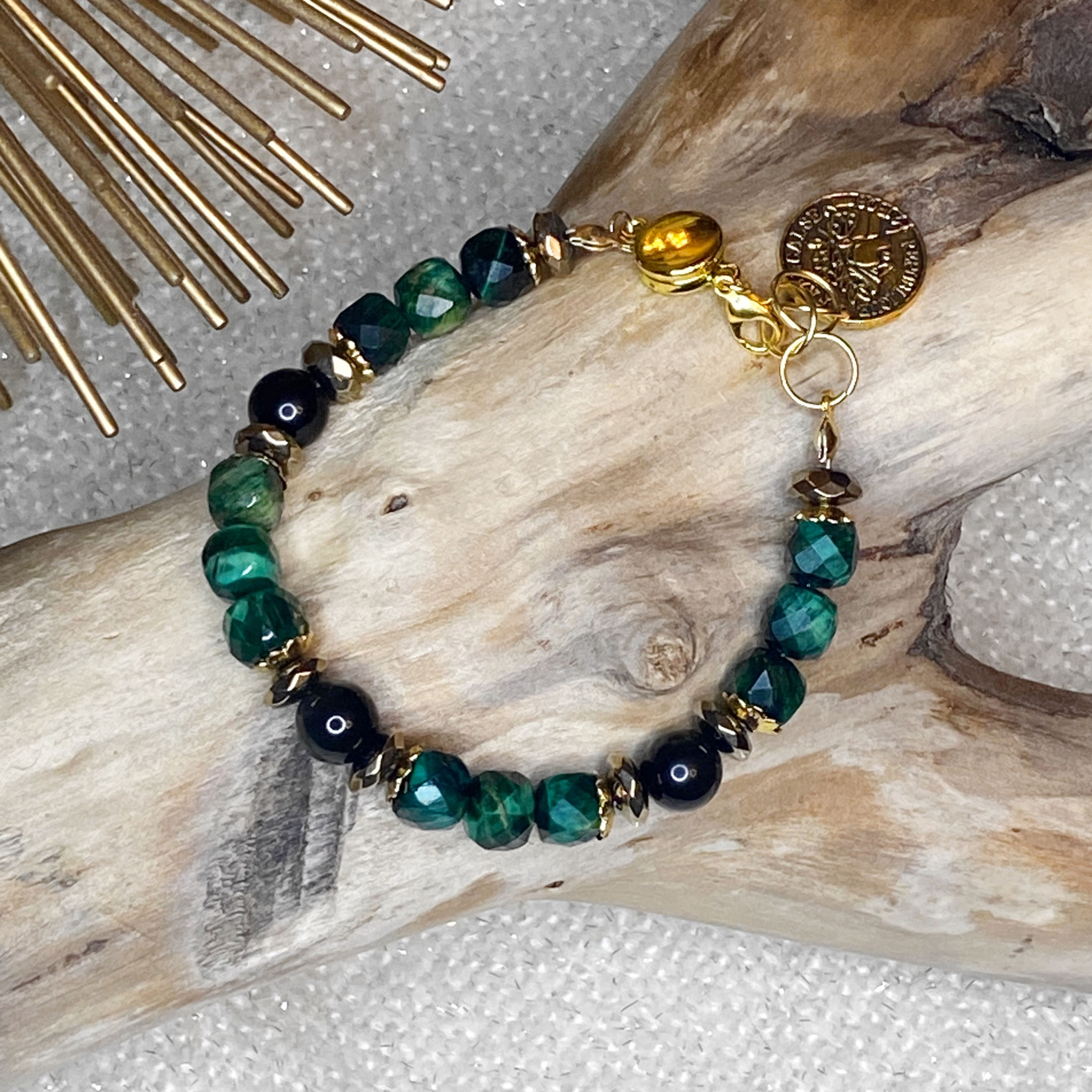 B134. Green Tiger’s Eye, Gold Hematite and Rainbow Obsidian Bracelet