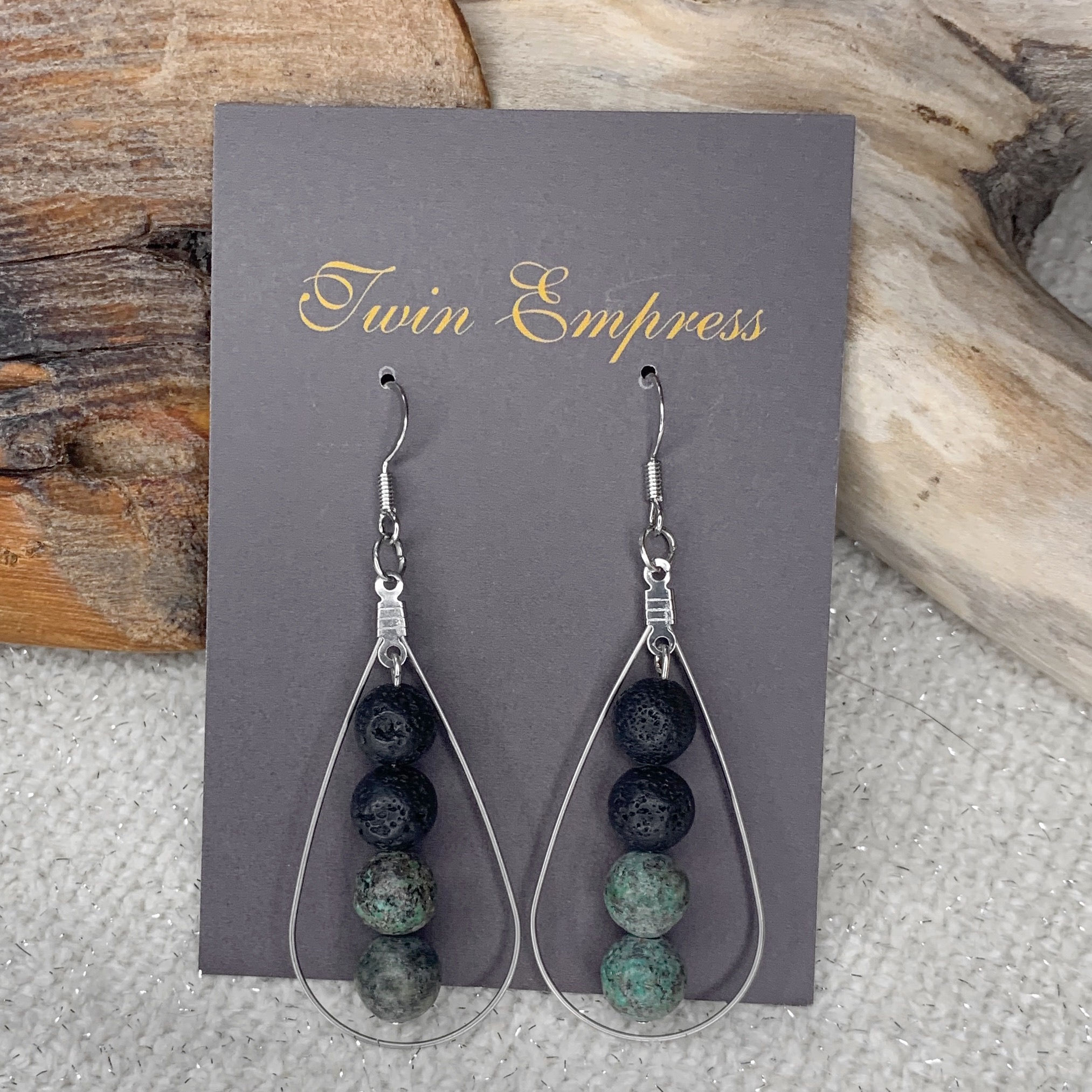 E141. African Turquoise and Lava Rock Earrings