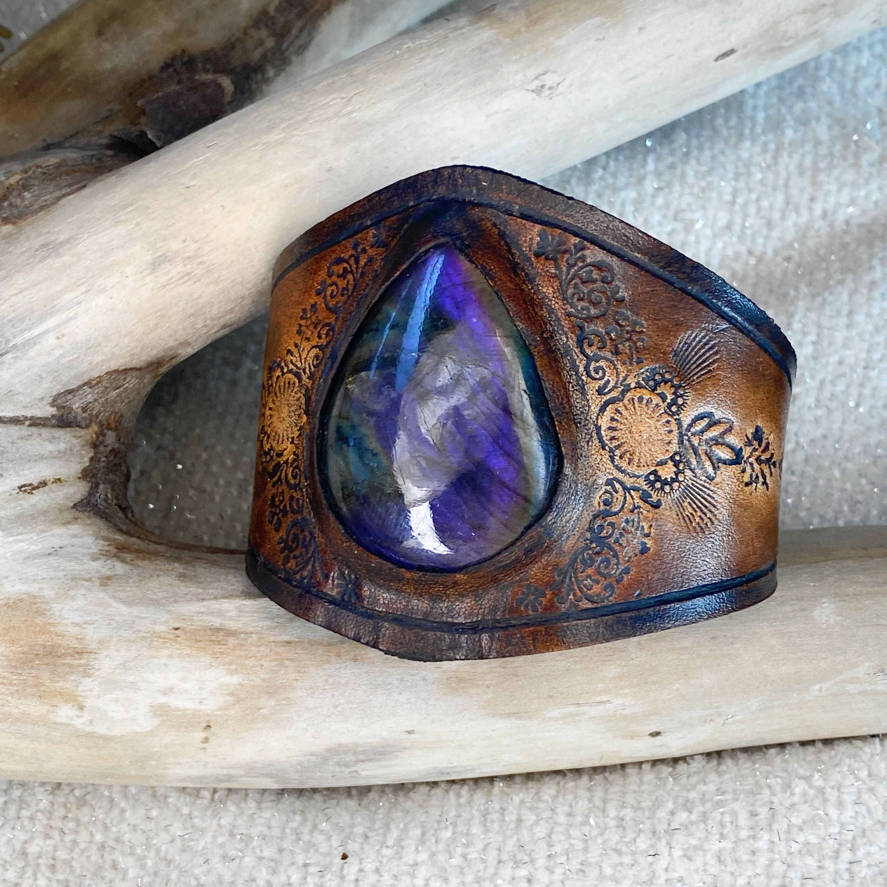 B221. Purple Labradorite Ombré Leather Cuff Bracelet