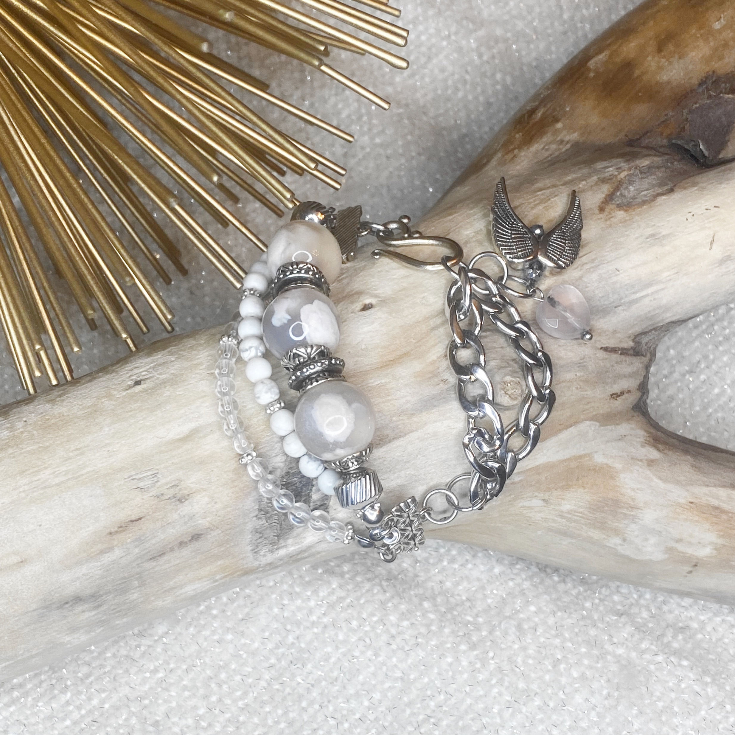 B217. Howlite, Rose Quartz, Sakura Jasper and Quartz Angel Bracelet