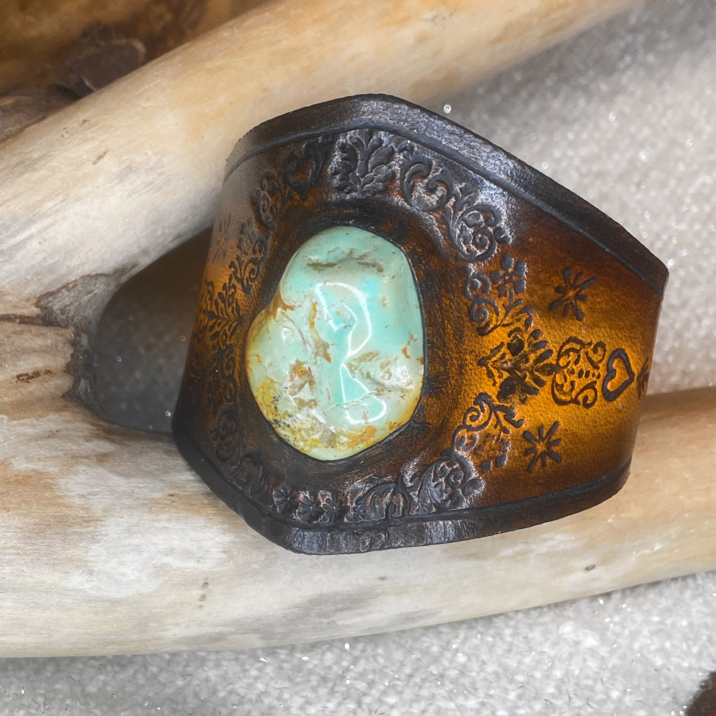 B218. African Turquoise Leather Cuff Bracelet