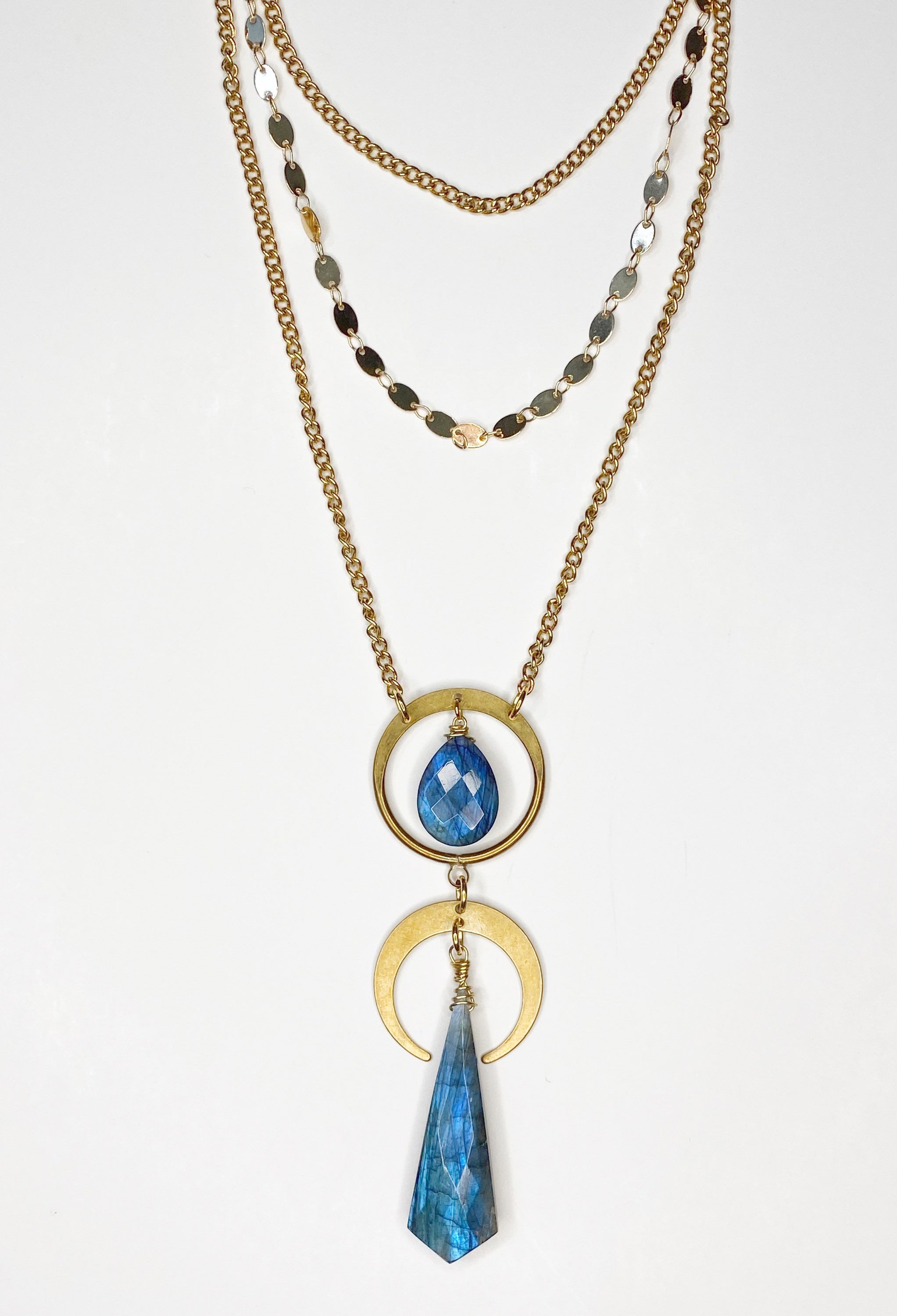 N002. Blue Labradorite Crescent Moon Necklace