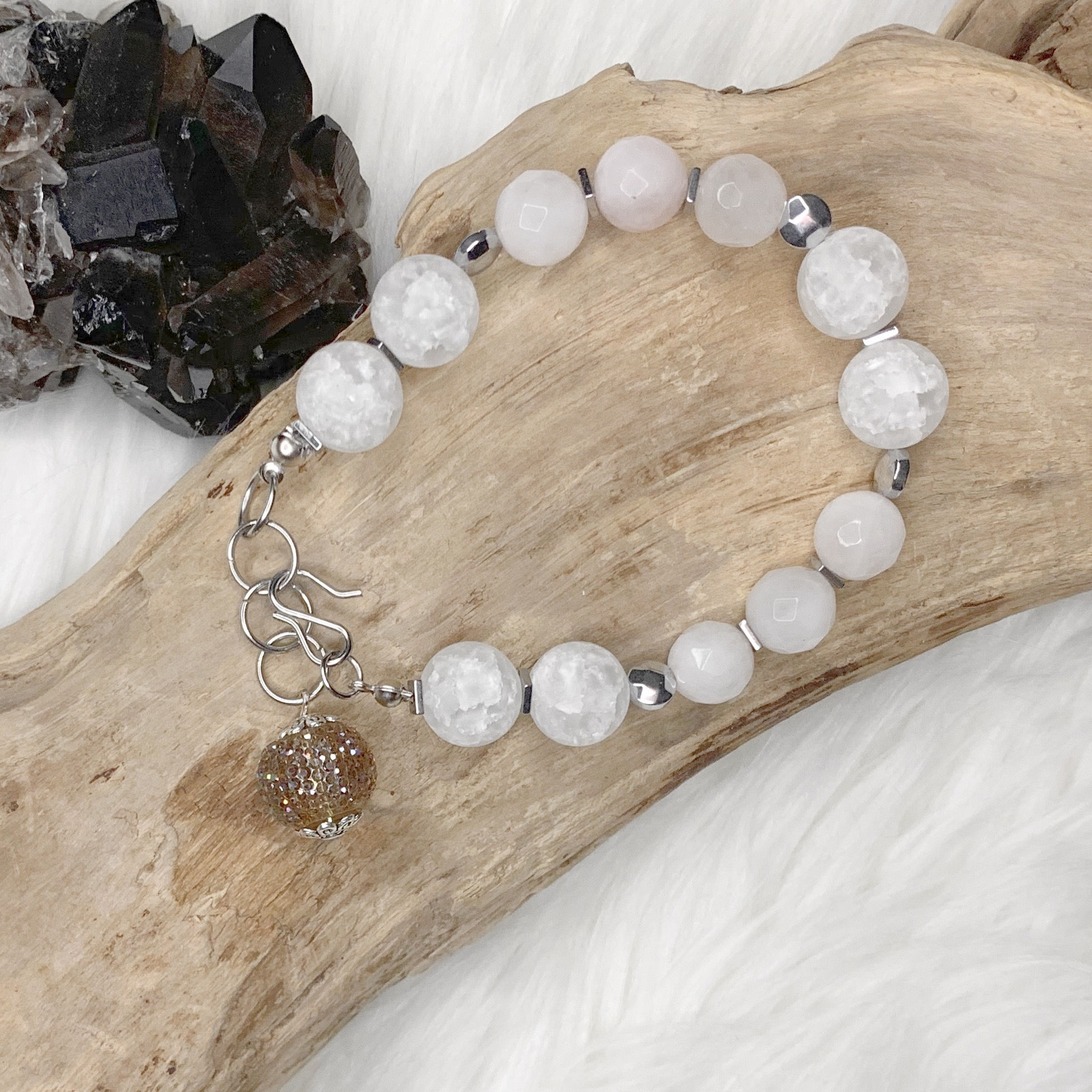 B151. Crackle Quartz, Hematite, and Rose Quartz Bracelet