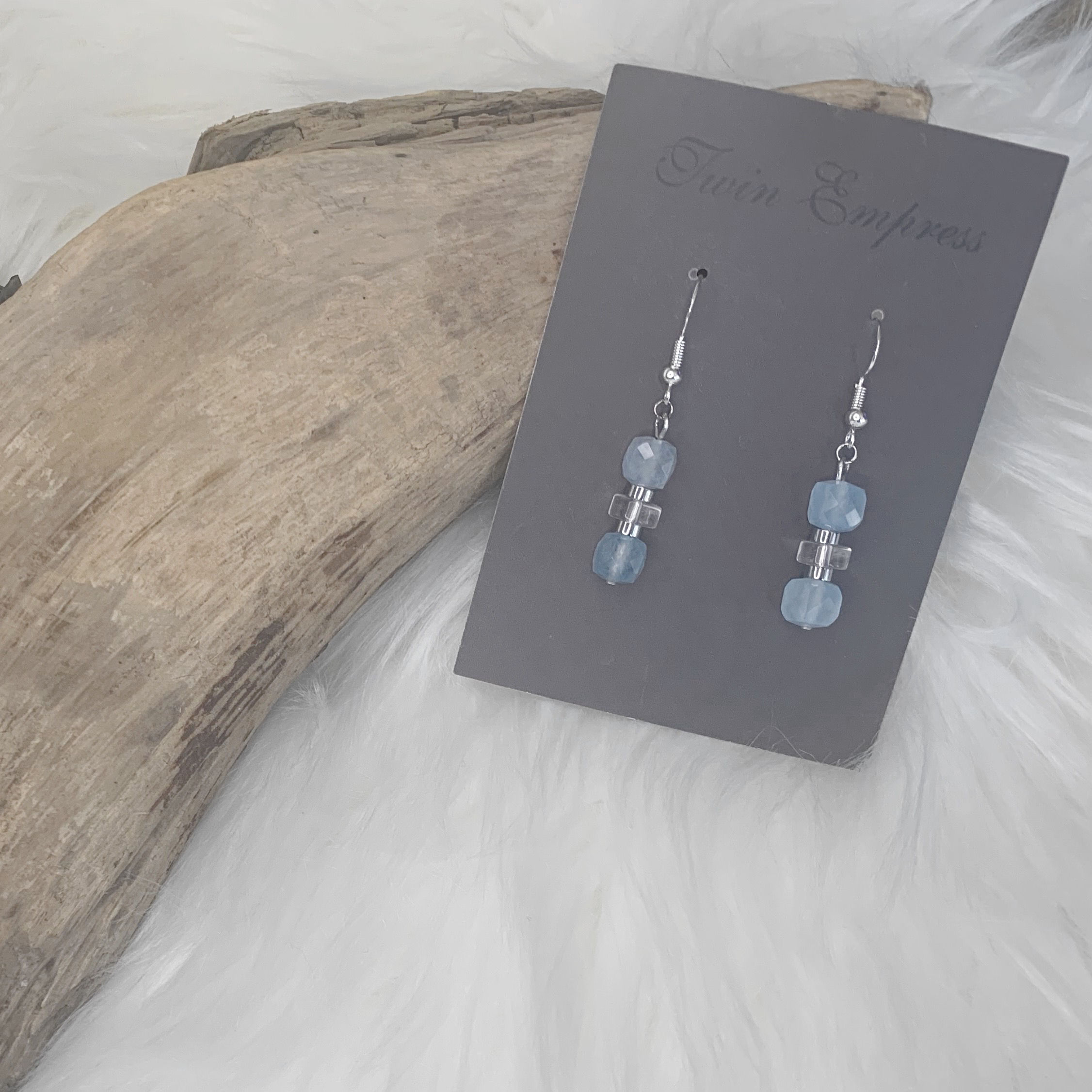E288. Aquamarine, Clear Quartz, and Hematite Earrings