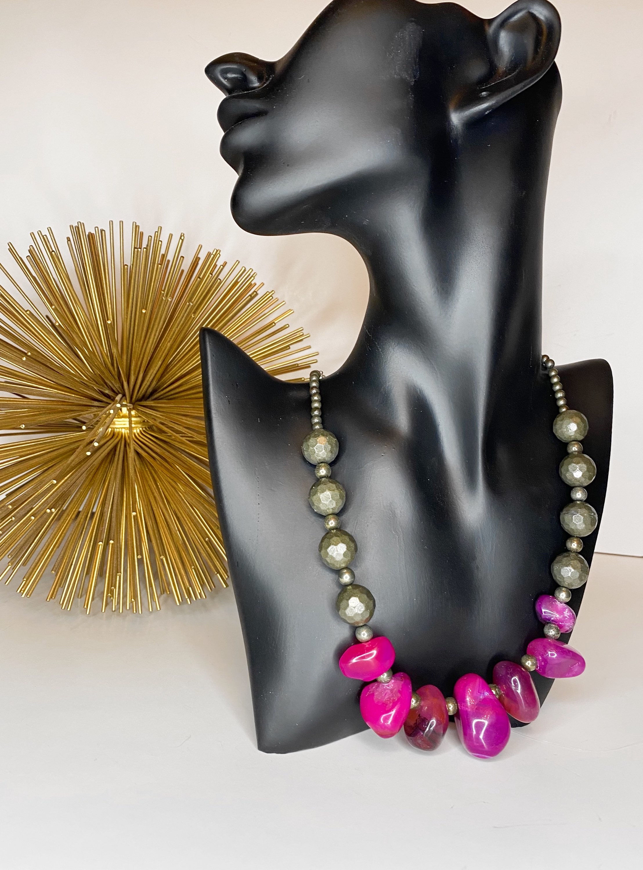 N001. Pink Agate and Pyrite Necklace