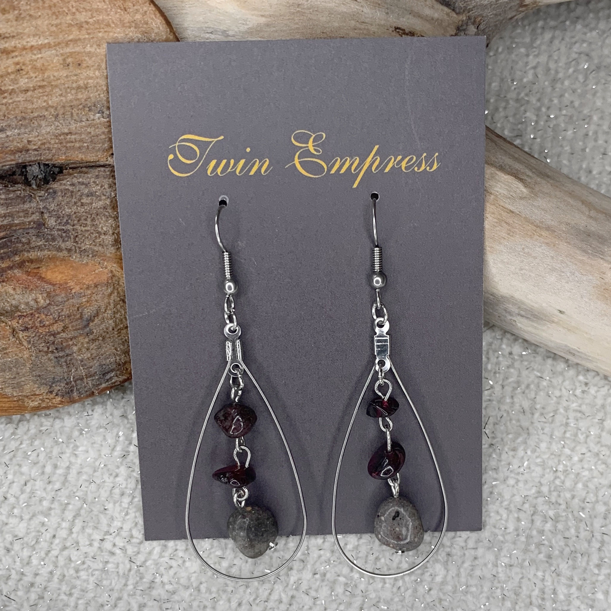 E147. Australian Black Opal and Garnet Earrings