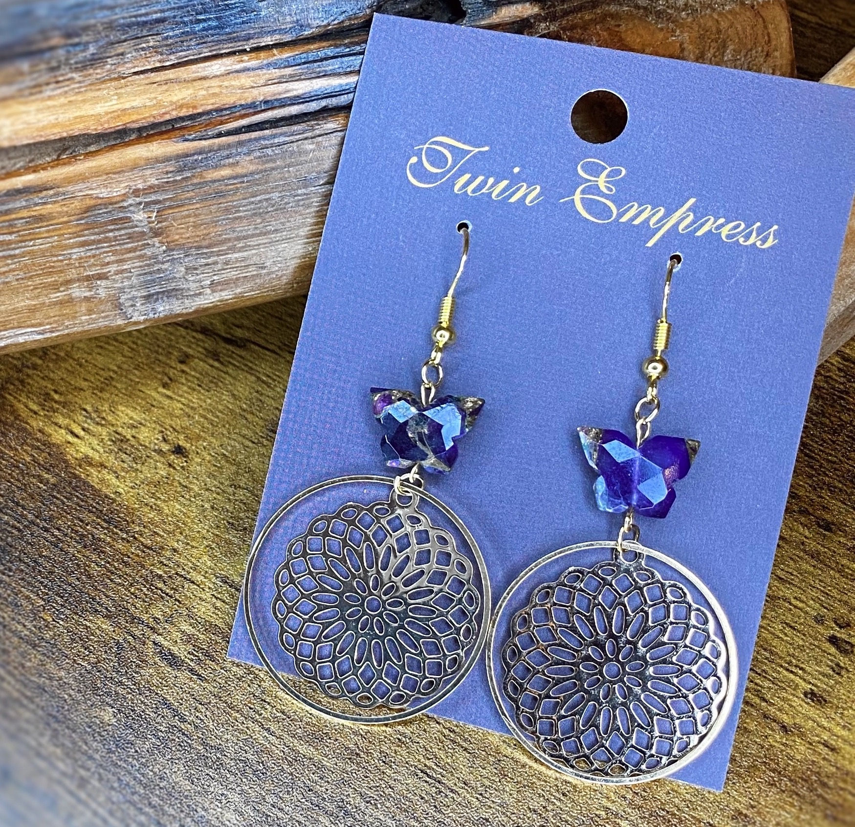 E169. Copper Amethyst Butterfly Geometric Earrings