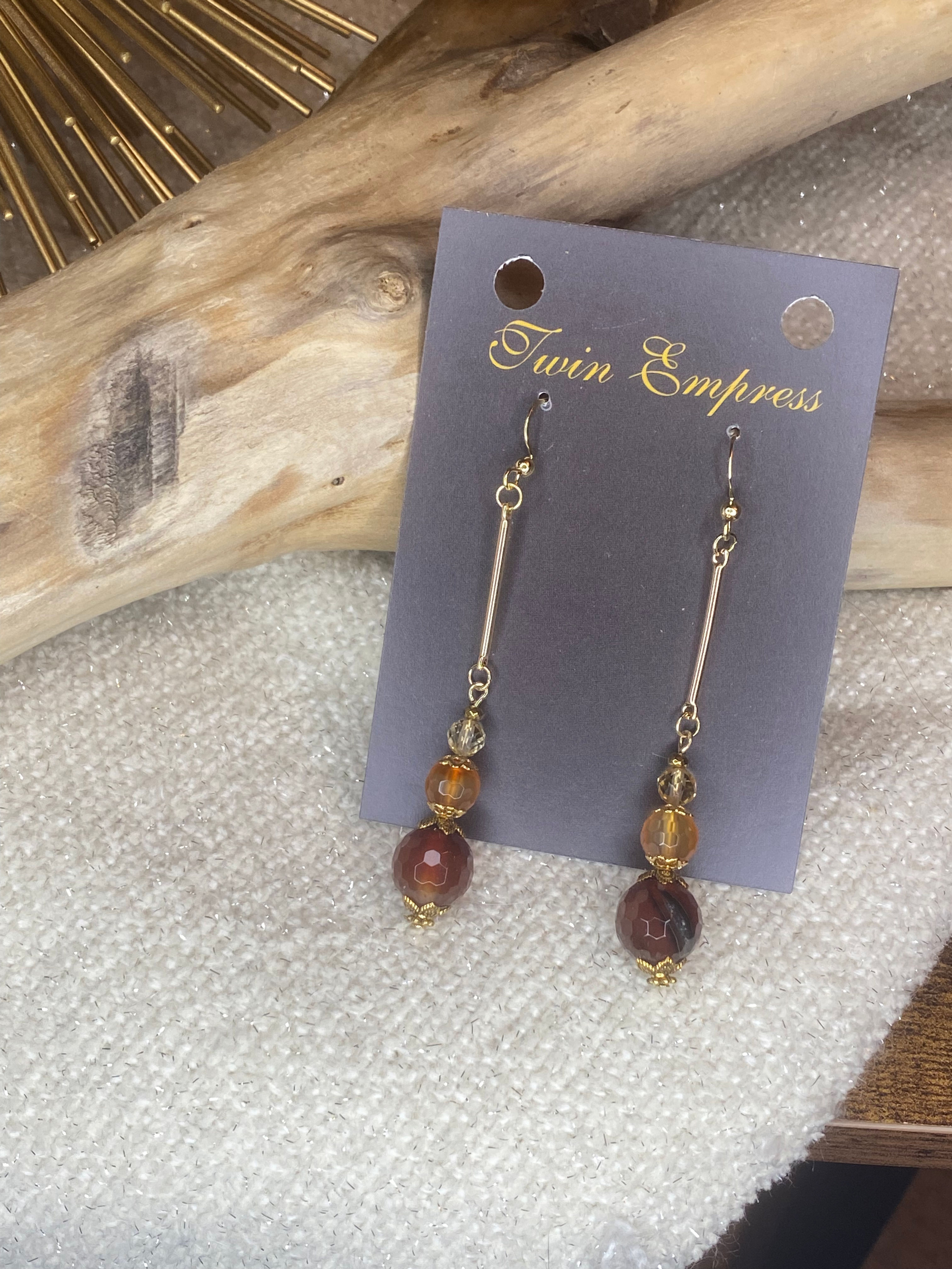 E275. Carnelian, Citrine, and Red Jasper Drop Earrings