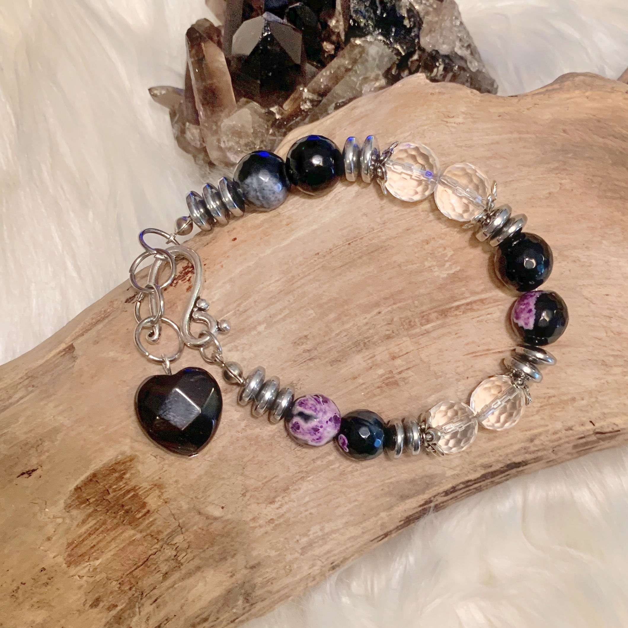 B098. Banded Agate, Clear Quartz, Hematite, and Purple Fire Agate Bracelet