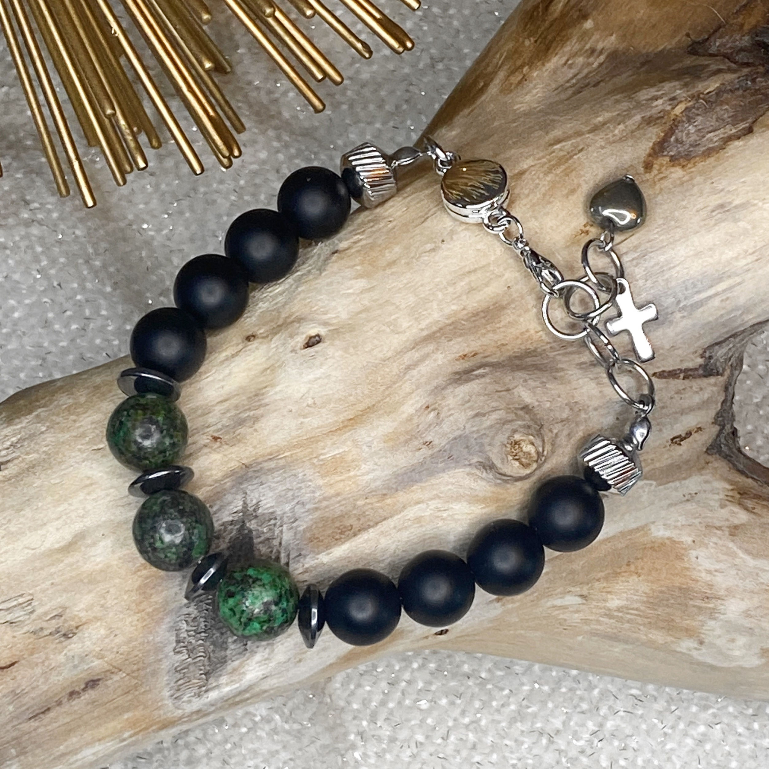 B125. Black Onyx, Hematite and Turquoise Bracelet