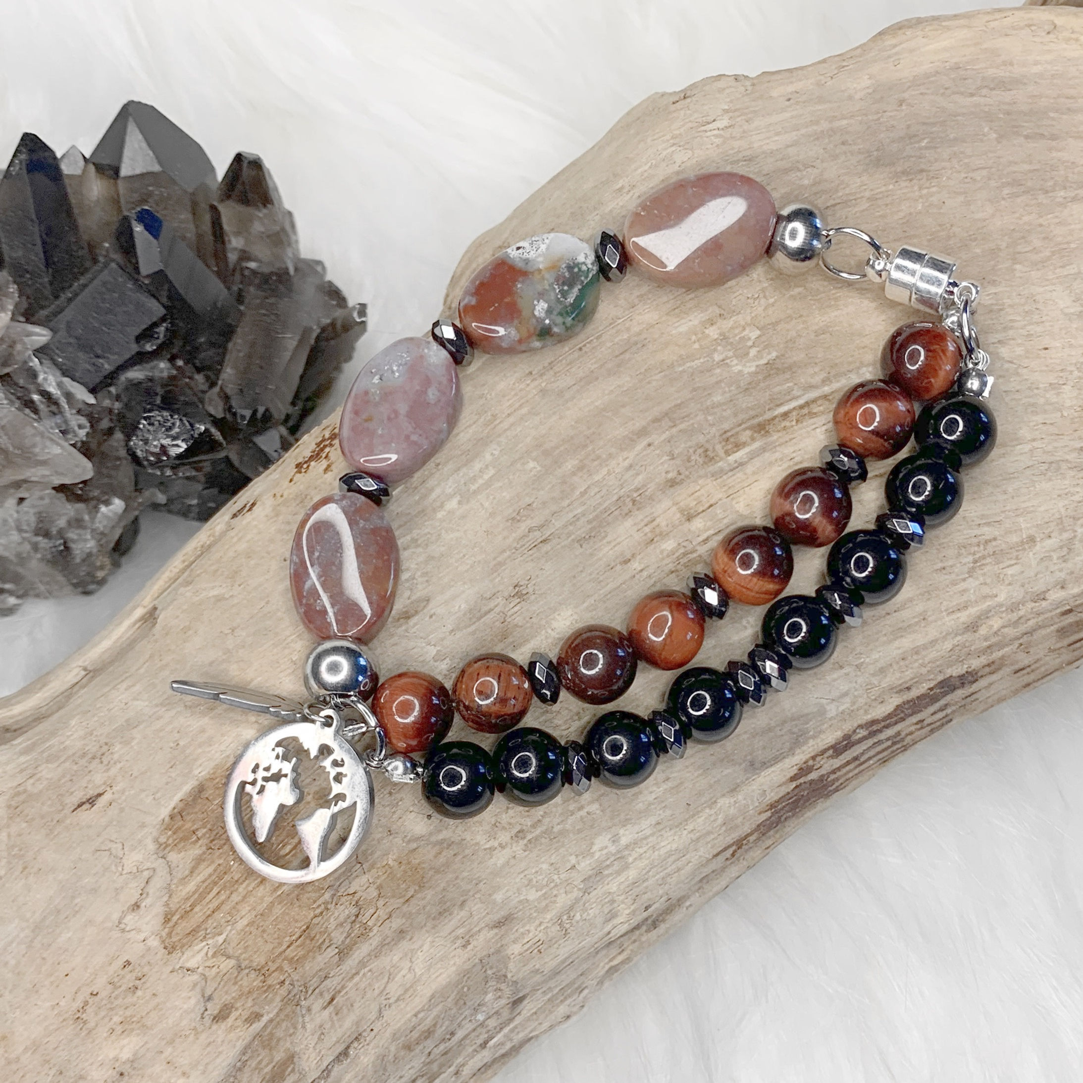 B193. Golden-Sheen Obsidian, Ocean Jasper, and Red Tiger’s Eye Bracelet
