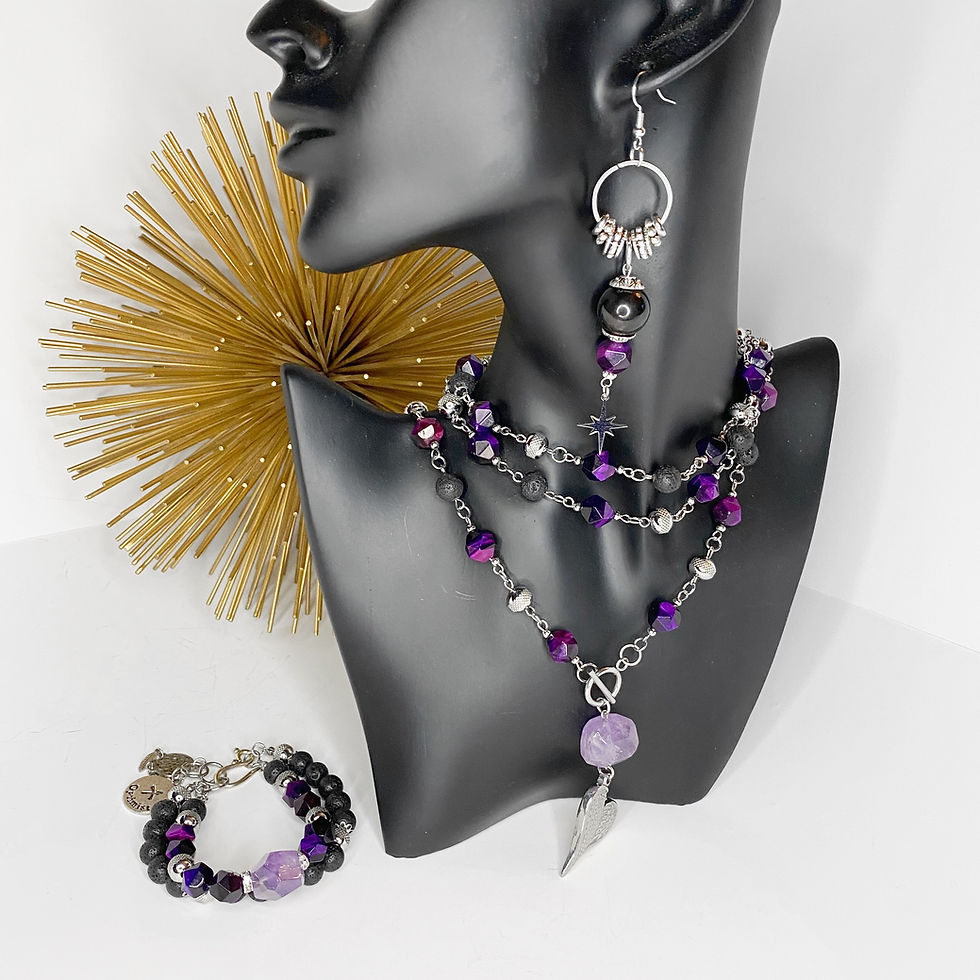 Thumbnail: N016.  Amethyst, Lava Rock and Purple Tiger's Eye Necklace