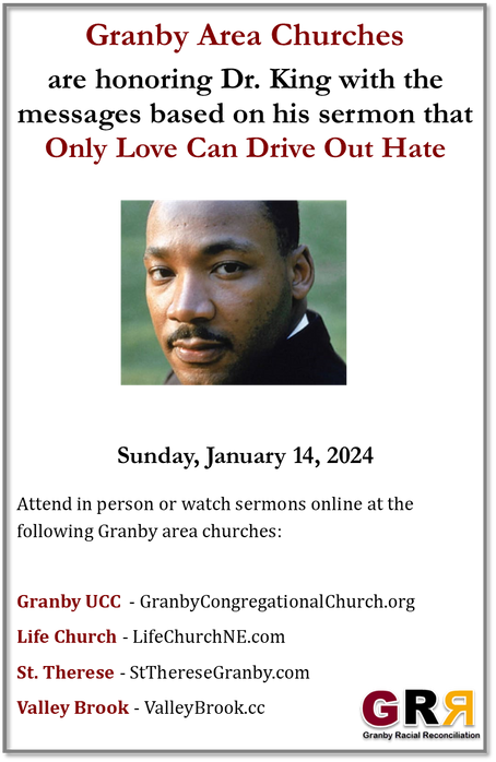 Granby Area Churches honor dr. king with sermon "Only Love Can Drive Out hate"