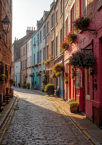 View of Circus Lane in Edinburgh, cobblestone street lined with quaint, brightly painted t