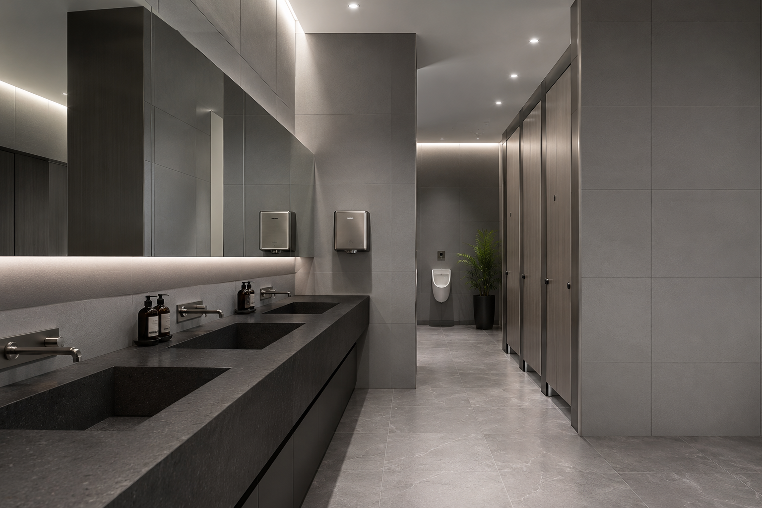 Modern commercial washroom with hygienic wall cladding, vanity areas and WC cubicles