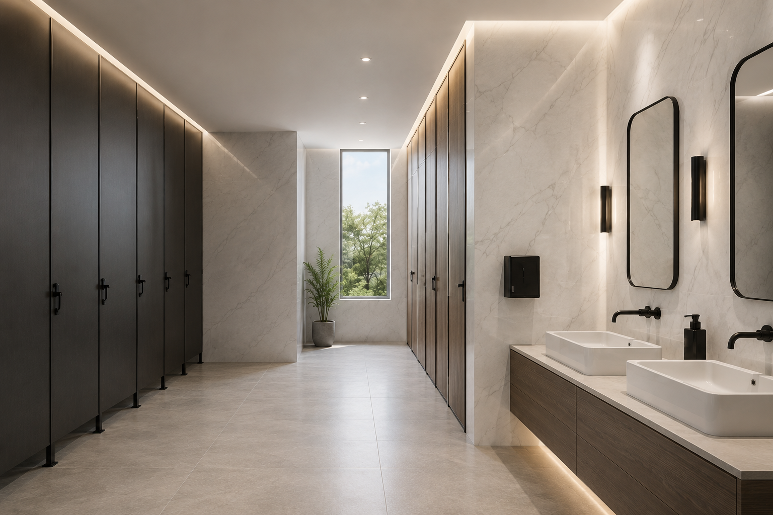 Contemporary commercial washroom concept illustrating IMPACTPRO CALYX hygienic wall cladding applications