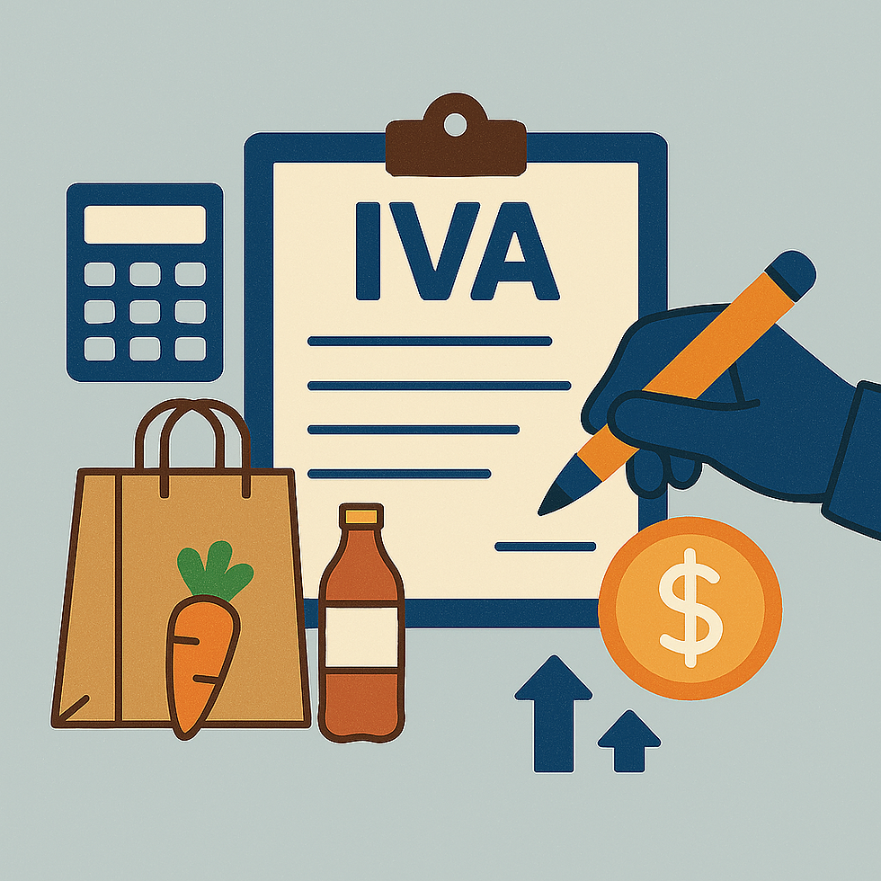Uma mão escrevendo com uma caneta em uma prancheta a palavra IVA, alguns produtos, calculadora, cifrão, garrafa, cenoura, sacola de mercado.