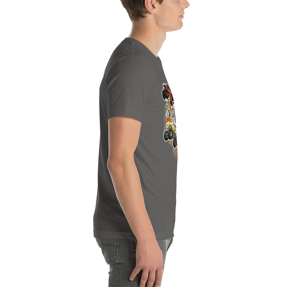 Thumbnail: Man wearing gray t-shirt with colorful monster truck design and Buzz (Monster Truck) - Hoodie (Unisex).