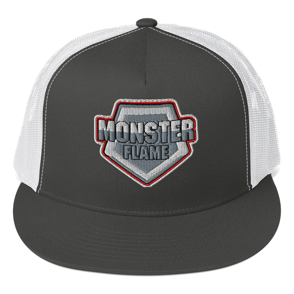 Thumbnail: Gray and white trucker hat with "MONSTER FLAME" logo design.
