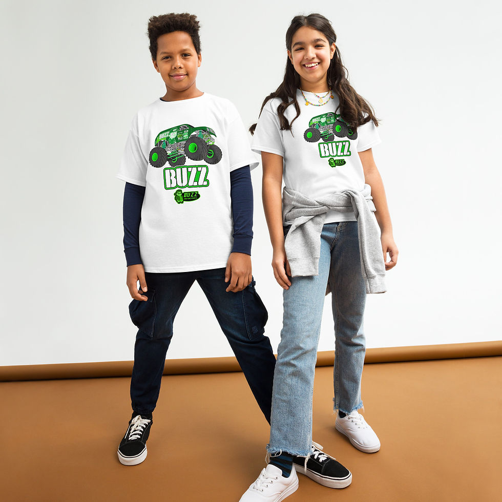 Thumbnail: Two kids wearing white shirts with "BUZZ" logo design and grinning. PLBLB-RLBRL-PHBL!!!! (Mr.Dick) - Sweater (Unisex).