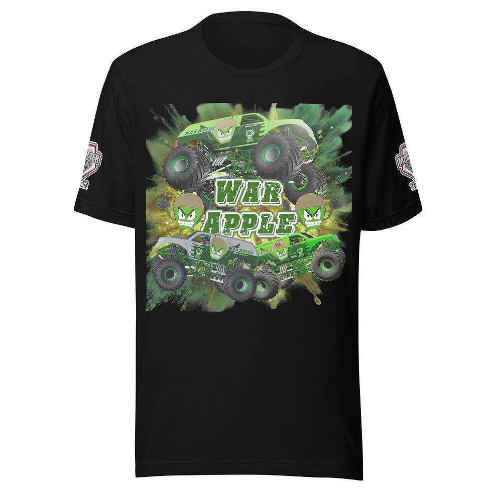 Thumbnail: Black t-shirt featuring War Apple monster truck design, green and white graphics.