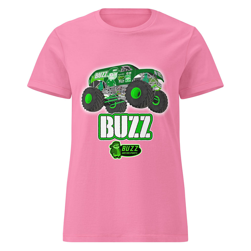 Thumbnail: Pink t-shirt with green monster truck and "BUZZ" logo Buzz Motorsports - T-Shirt (Youth)