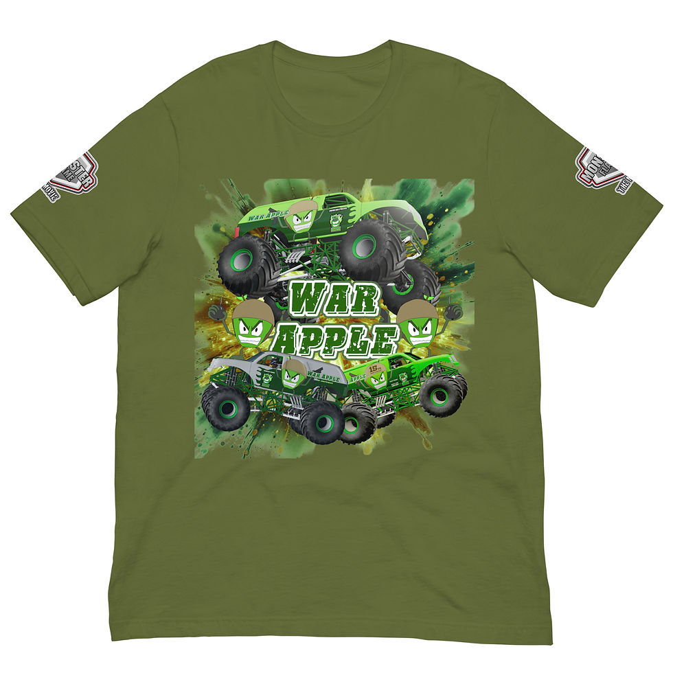 Thumbnail: Green t-shirt featuring War Apple monster trucks graphic design for sale.